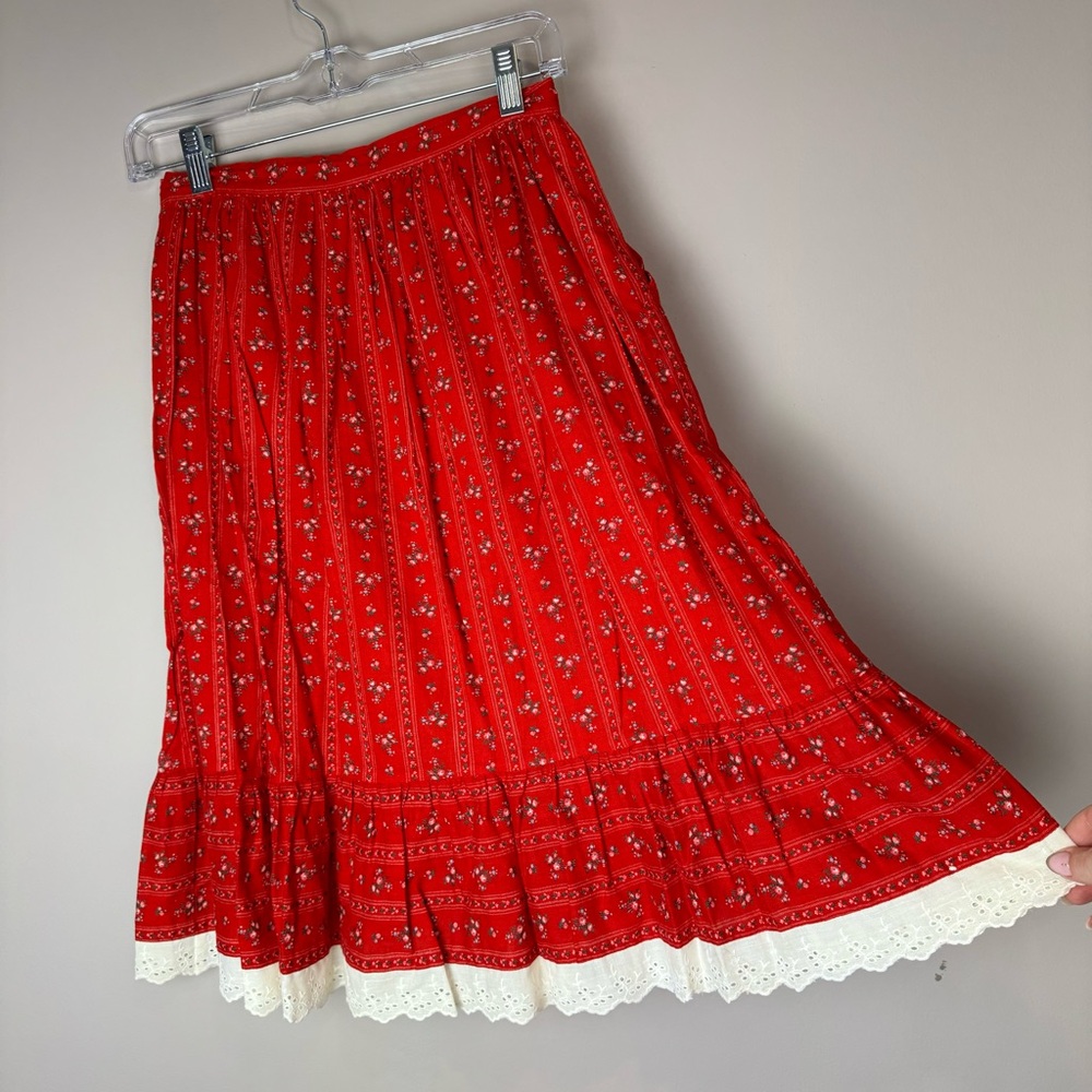 OOAK handmade skirt cotton red with rise pattern lace small extra small vintage